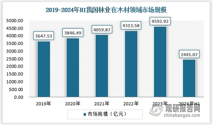 木材领域是我国林业最大的需求应用市场，常见的木材需求是原木和木材加工品，原木是指未经加工的木材，主要用于建筑、家具制造等，木材加工产品则主要包括包括家具、人造板、纸浆等，需求不断增加。2024年上半年林业在木材领域市场规模约为2441.07亿元。