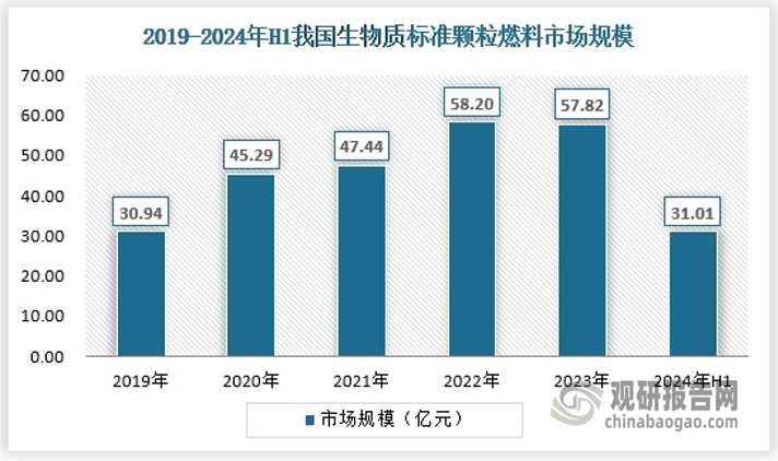 标准颗粒通常为6mm或8mm直径的颗粒，适用于多种生物质锅炉和燃烧设备，标准颗粒容易燃烧无残留，是生物质颗粒燃料最主要的分类品种。2024年上半年，生物质标准颗粒燃料市场规模约为31.01亿元。